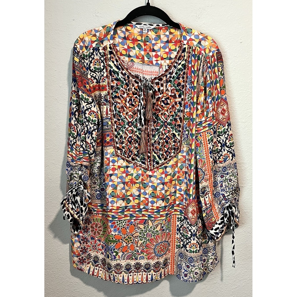 John Mark Top Medium Artsy Peasant Colorful Tunic Floral Embroidered Boho